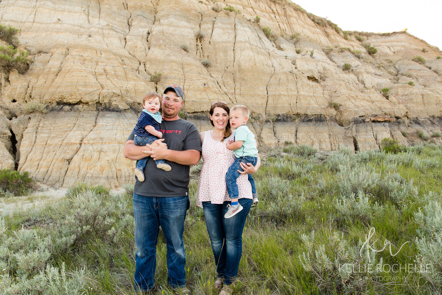 family of four in badlands