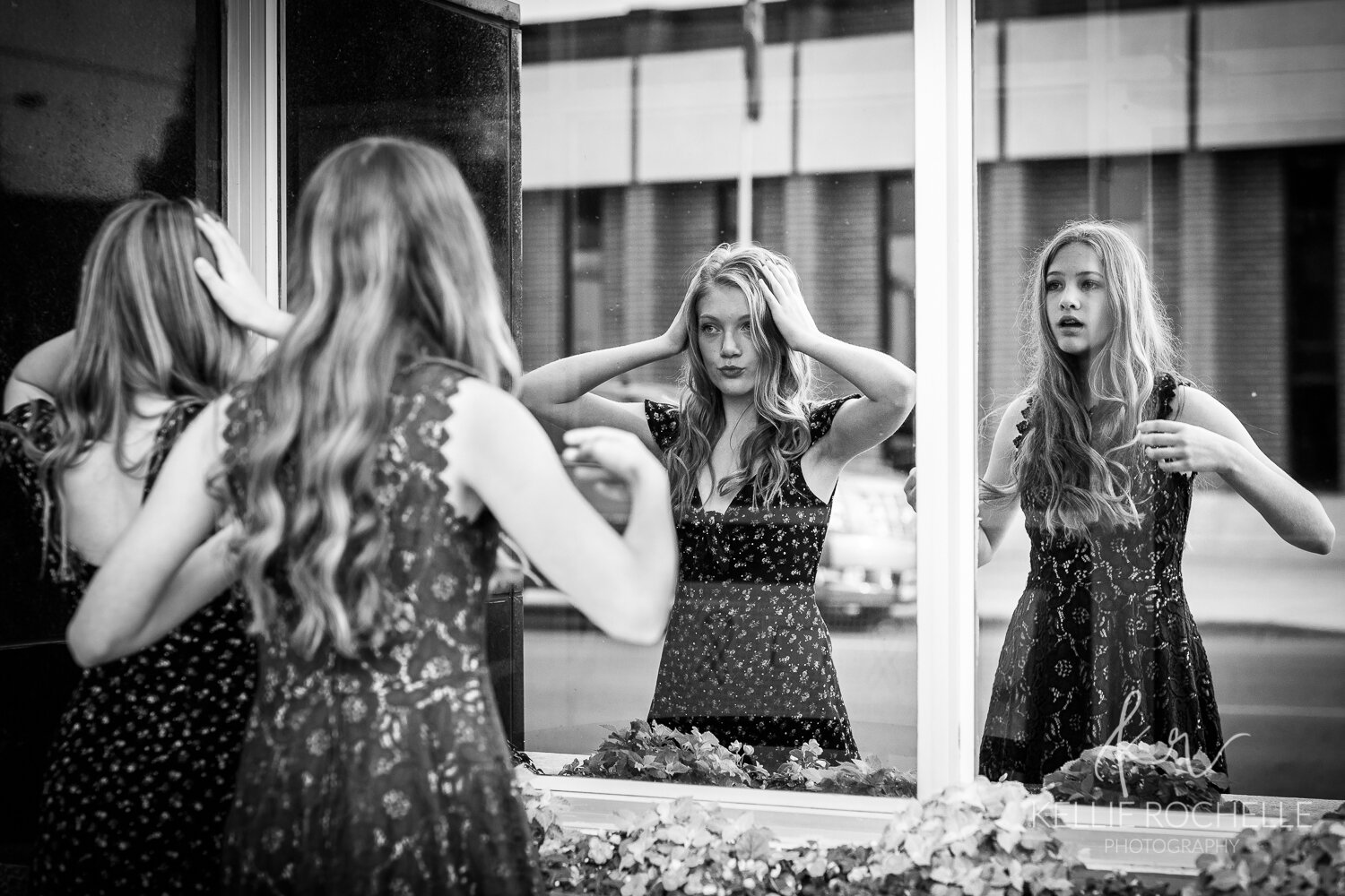 Girls looking at reflection