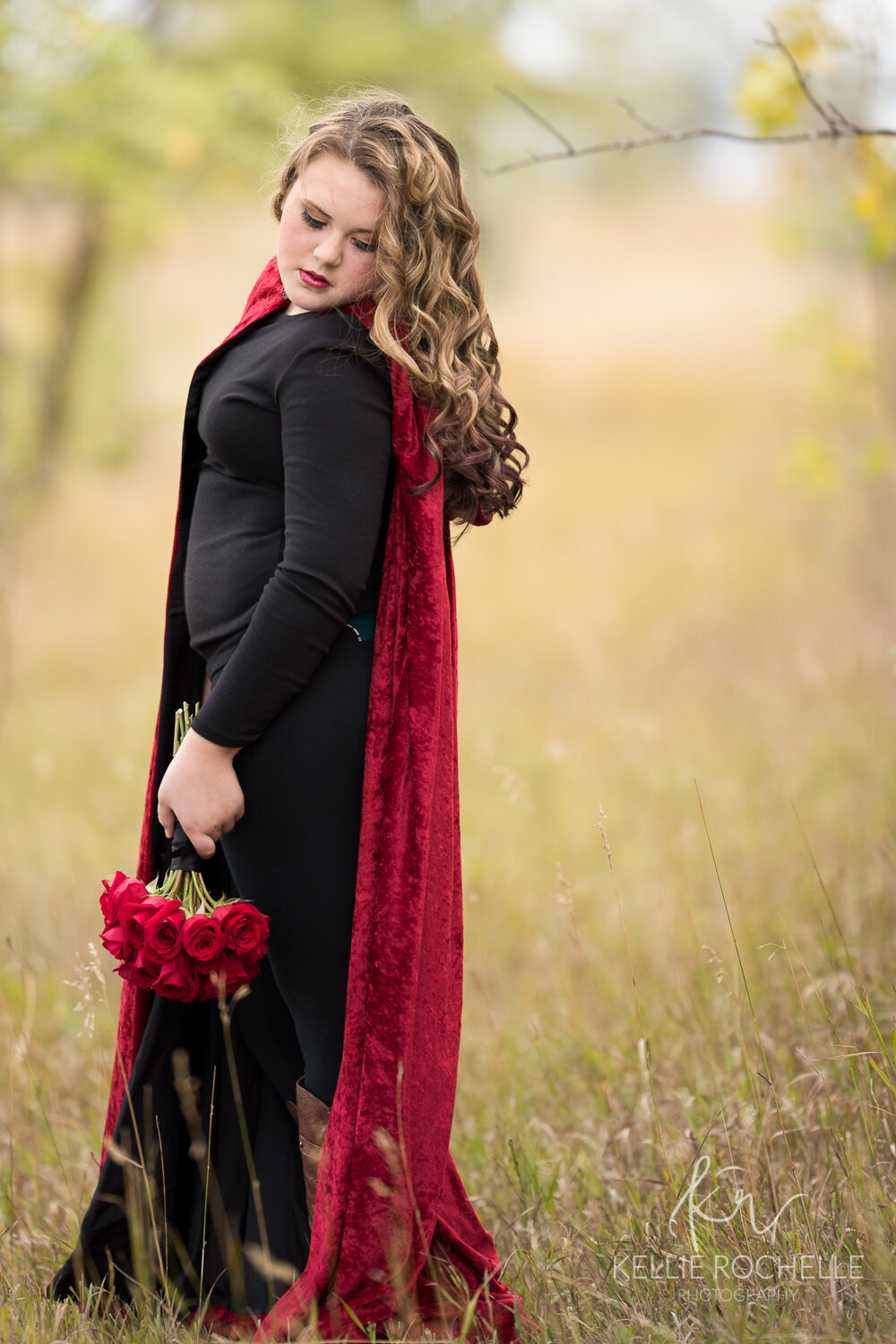 red cape ~ girl glancing over shoulder {Williston Family Photographer}