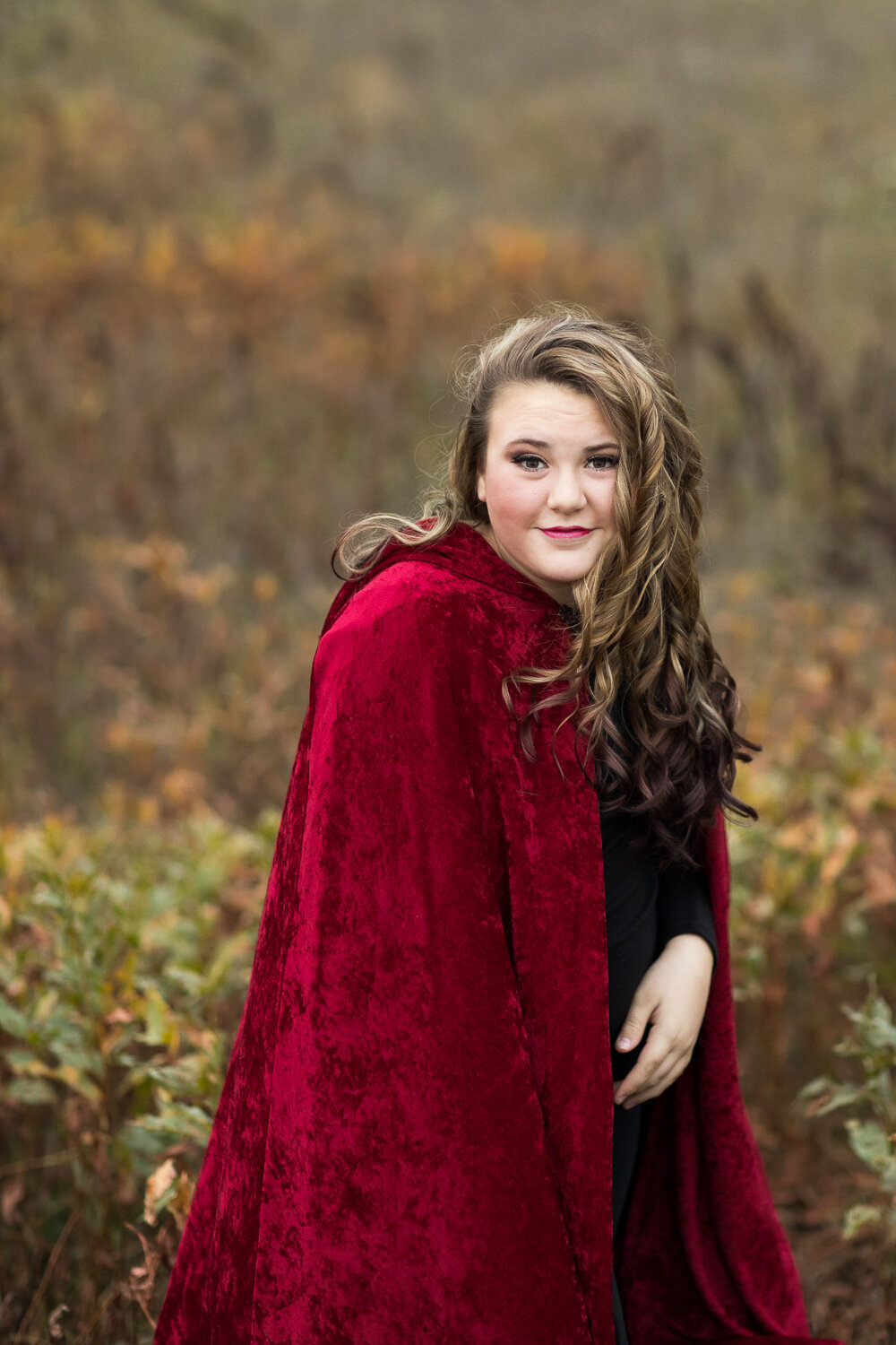 fall foliage ~ red cape girl smiling {Williston Theme photographer}