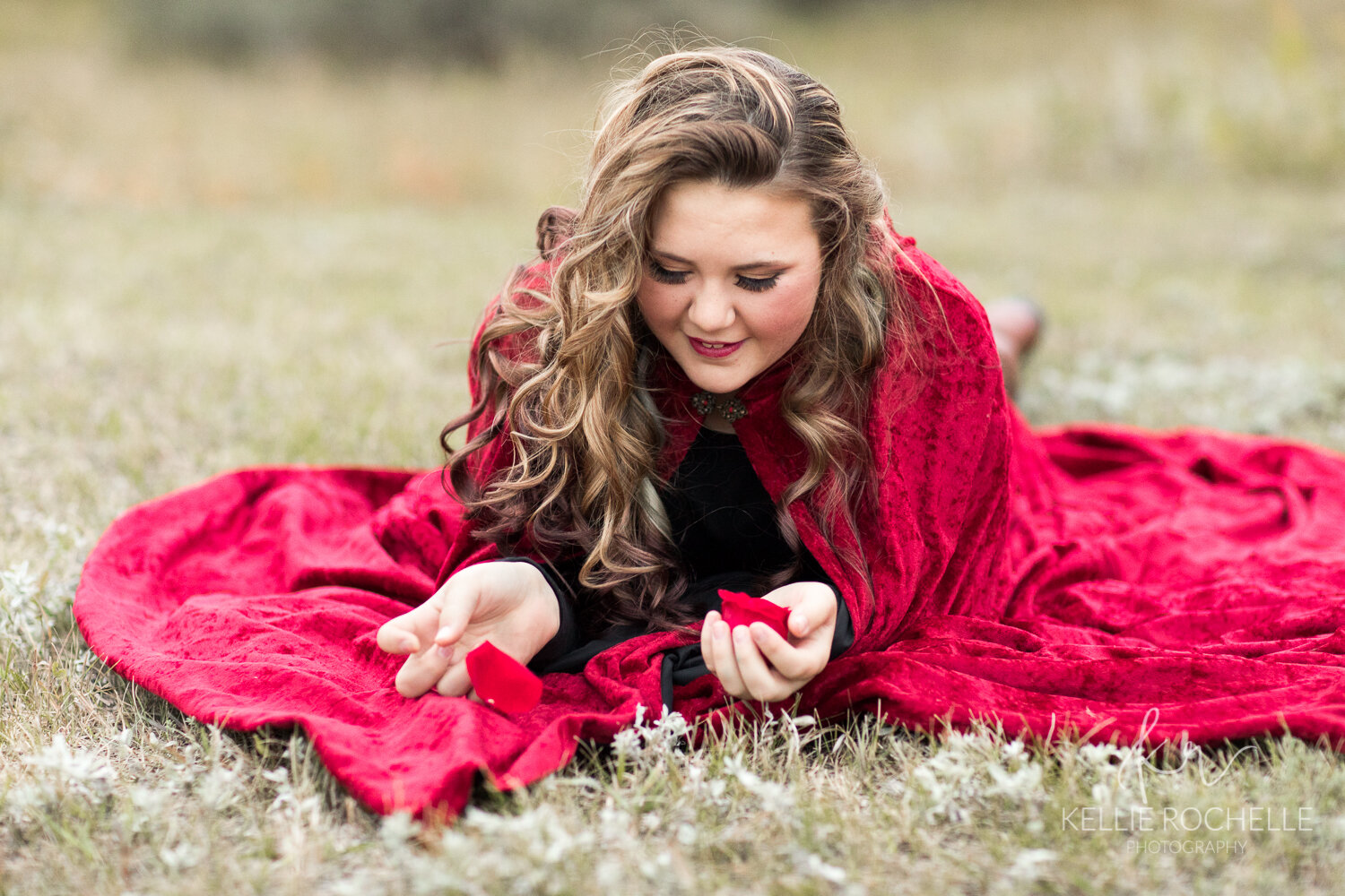 Rose petals ~ He loves me game in red cape {Williston Theme Photographer}