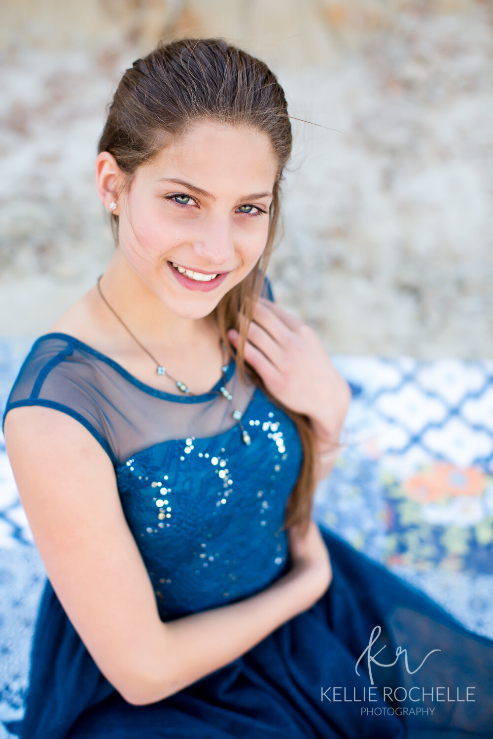 teen girl portrait in teal dress
