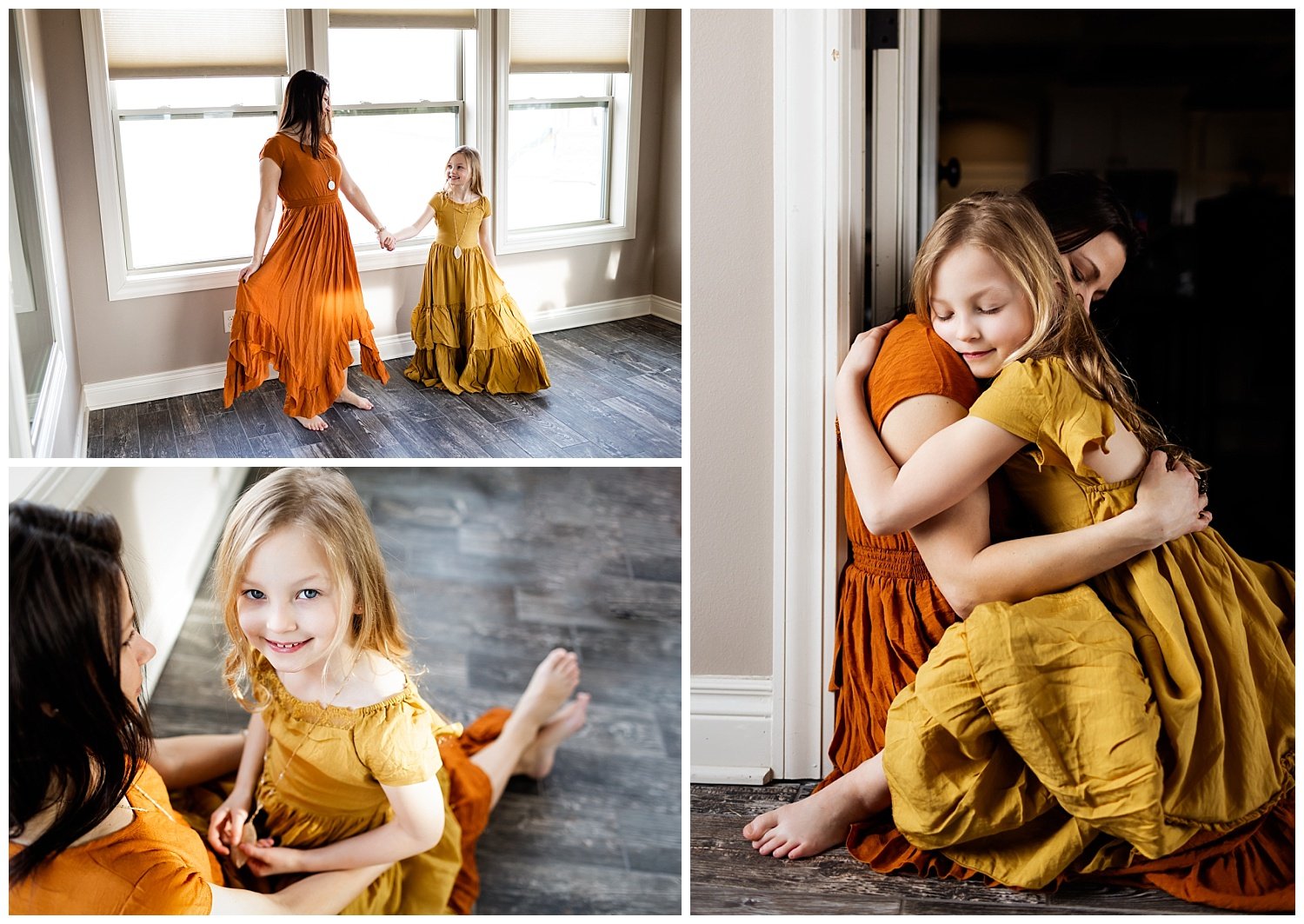 Motherhood session in Williston, North Dakota. Rust and mustard colored dresses on mom and daughter styled using Style and Select.