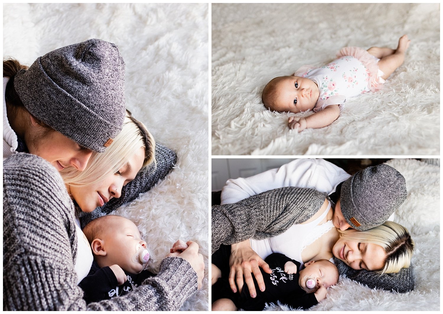 Mom and dad cuddle with baby girl for in home newborn session in North Dakota.