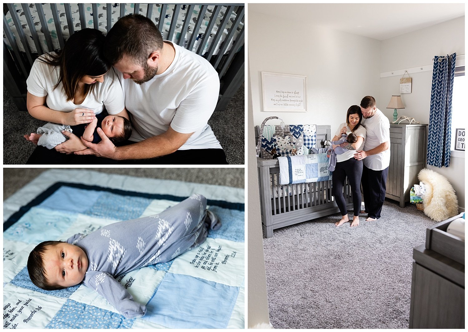 Mom and dad holding newborn baby boy in nursery for in home newborn session in North Dakota.