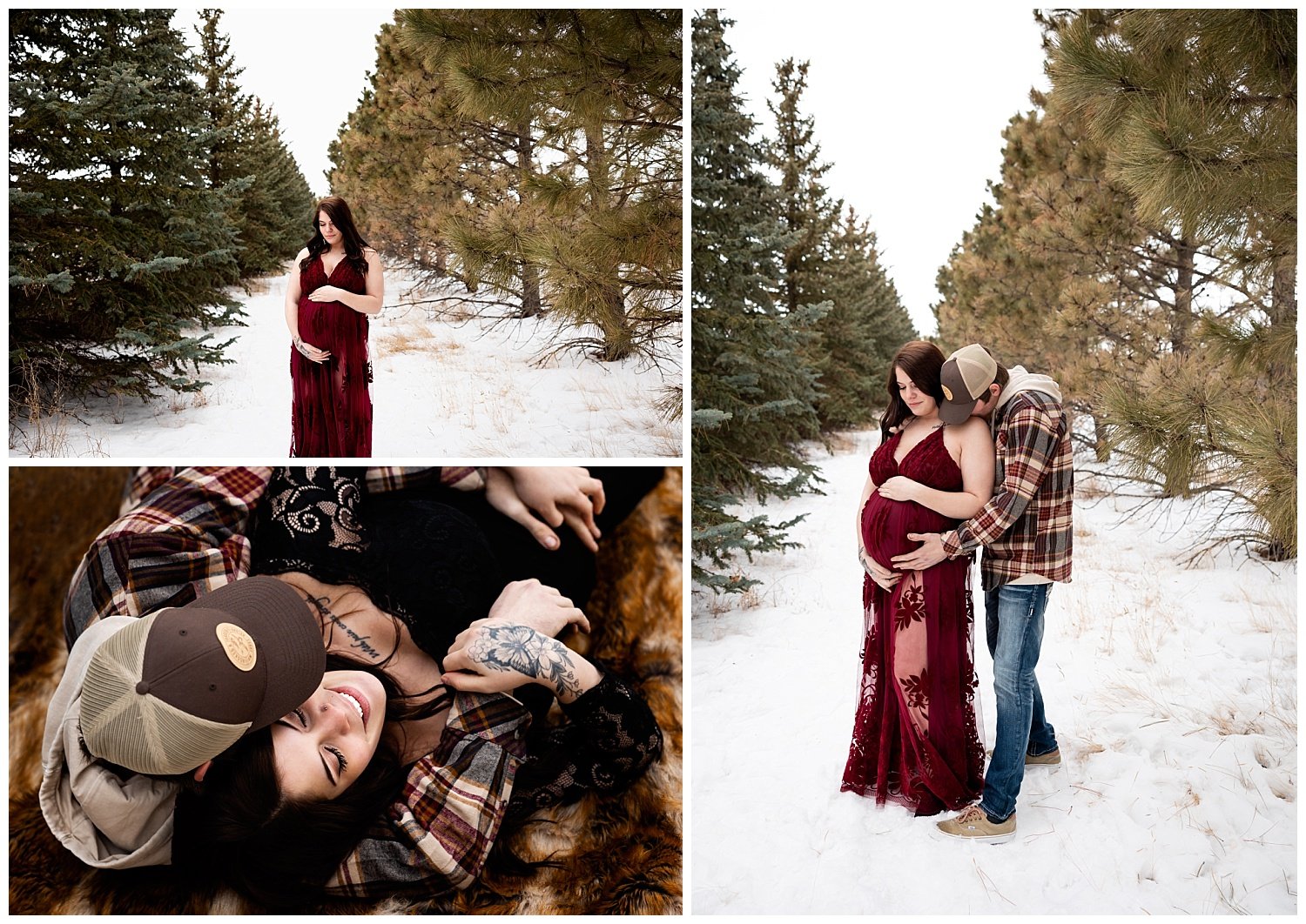 Expecting mother in red dress for winter maternity session in the snow in North Dakota.