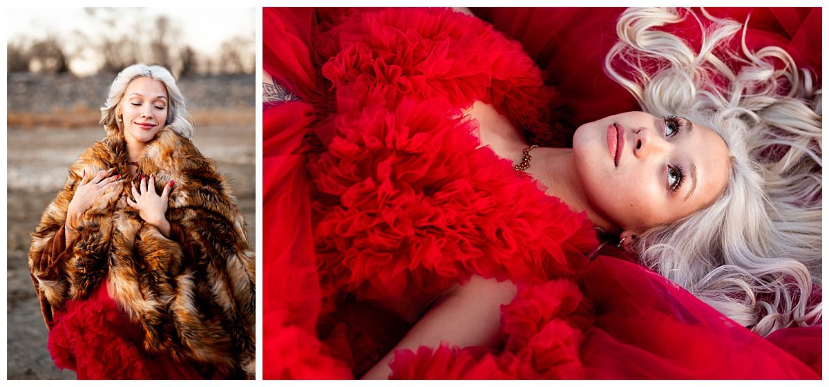 Red maternity dress and fur blanket for maternity session in Williston, North Dakota taken by Kellie Rochelle Photography, a North Dakota Maternity Photographer.