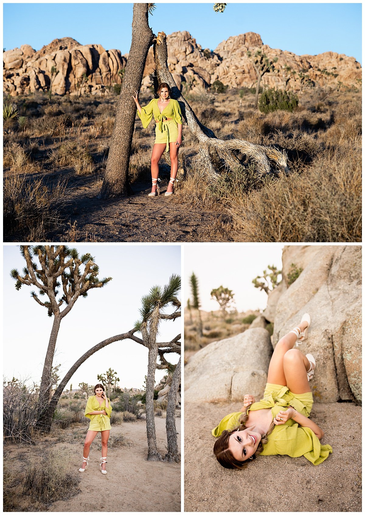 Senior girl in yellow dress with black hat in Joshua Tree for senior session by Kellie Rochelle Photography