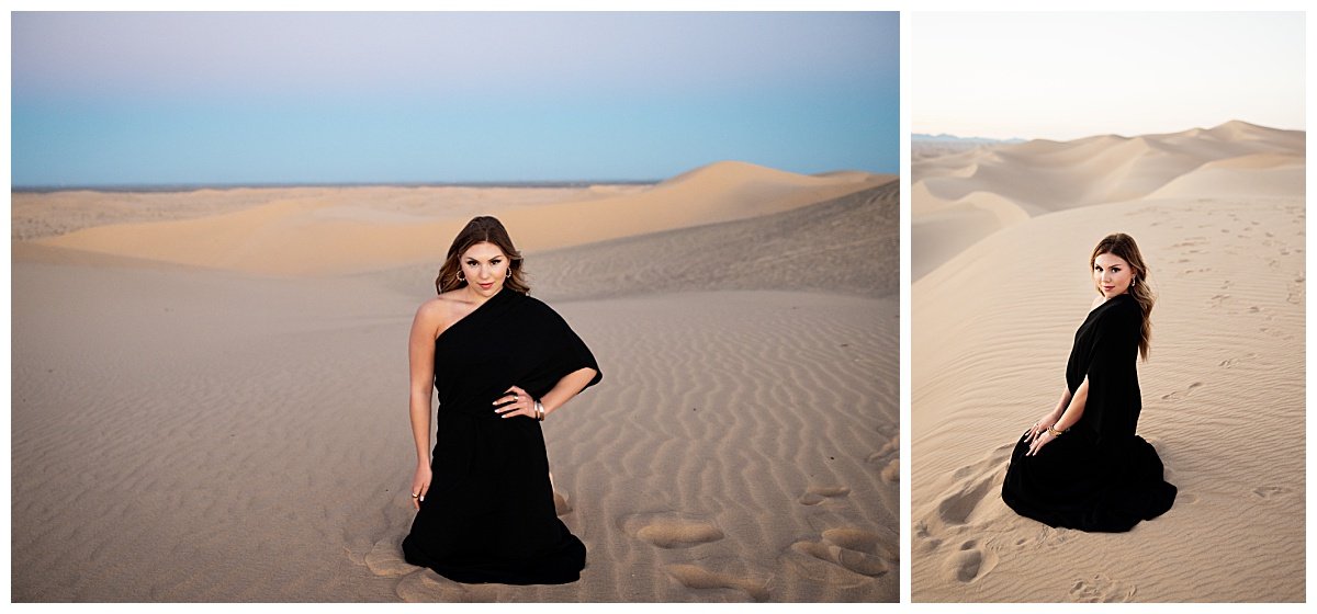 Senior girl in black at the Glamis Sand Dunes for a travel senior session captured by Kellie Rochelle Photography
