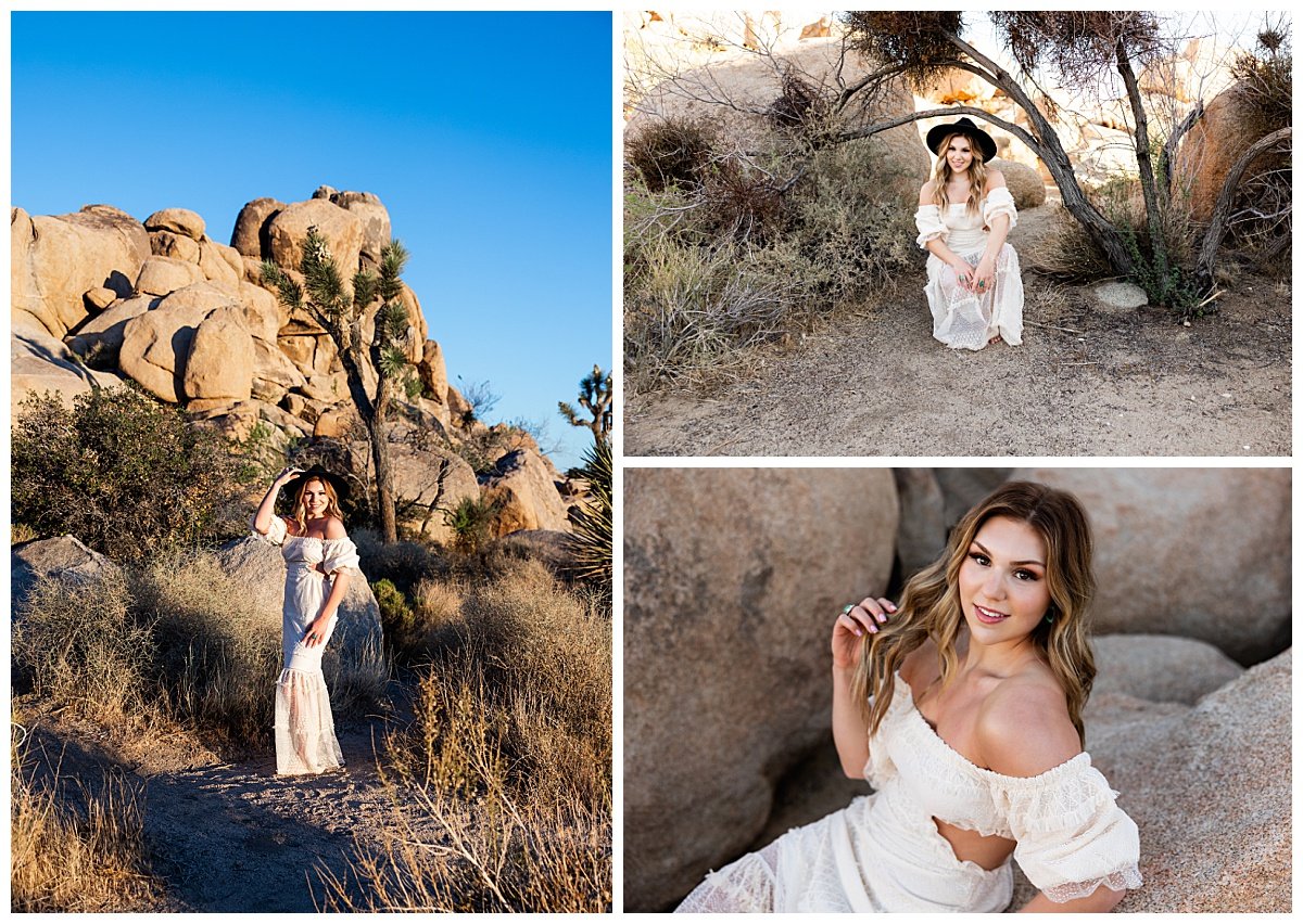 Senior girl in white dress with black hat in Joshua Tree for senior session by Kellie Rochelle Photography.