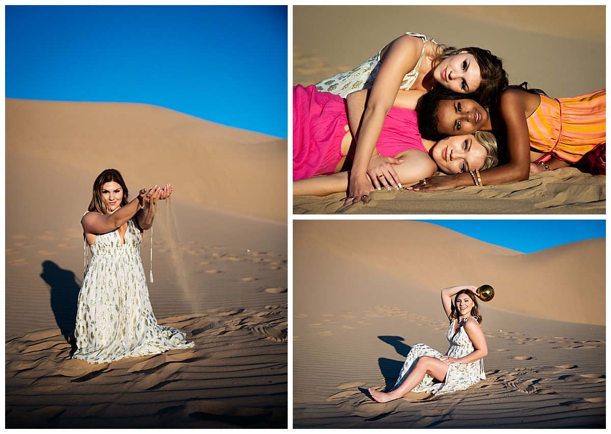 Senior girl in white dress with friends at the Glamis Sand Dunes for a travel senior session captured by Kellie Rochelle Photography