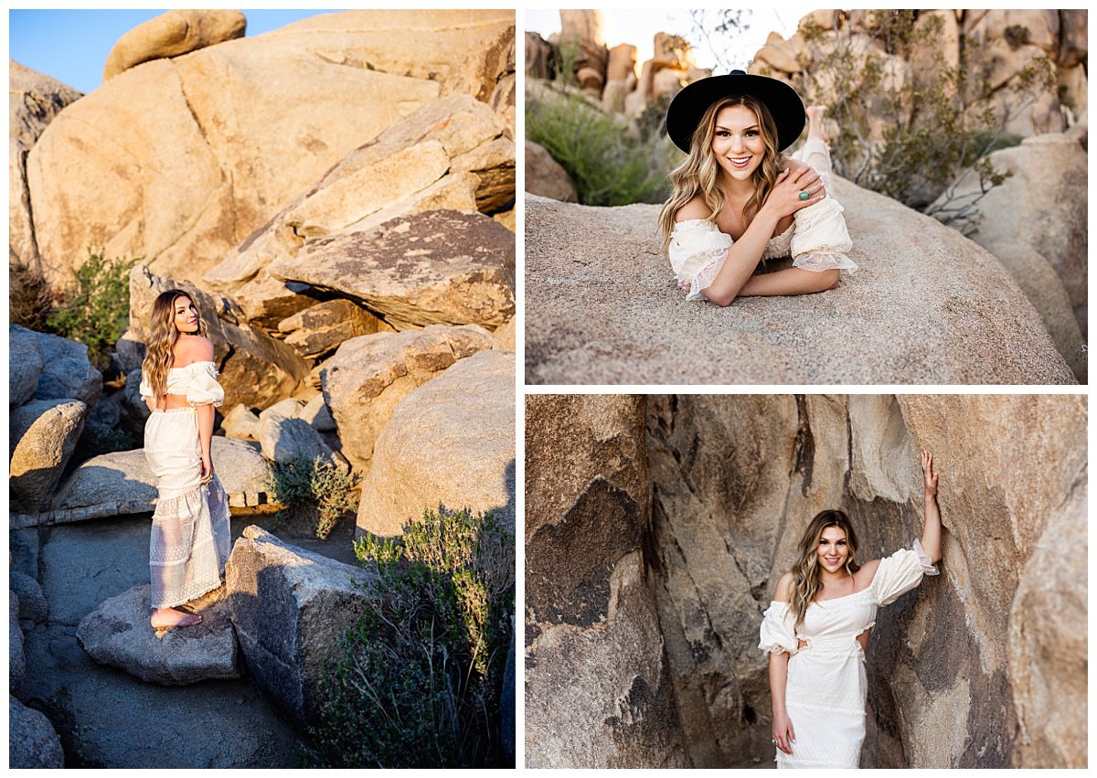 Senior girl in white dress with black hat in Joshua Tree for senior session by Kellie Rochelle Photography