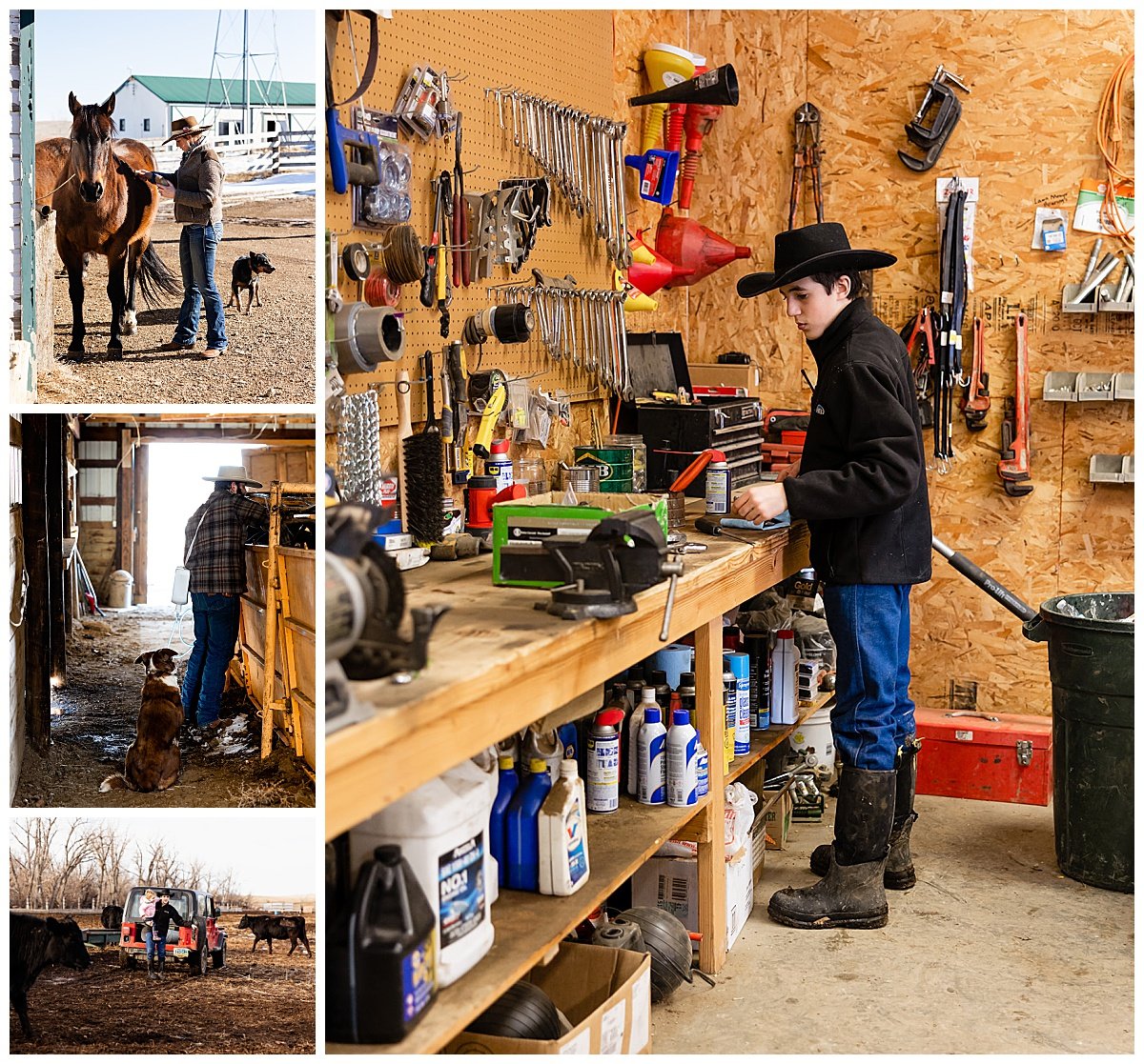 A teen boy in a black cowboy hat works in the shop on the ranch his family runs in North Dakota.