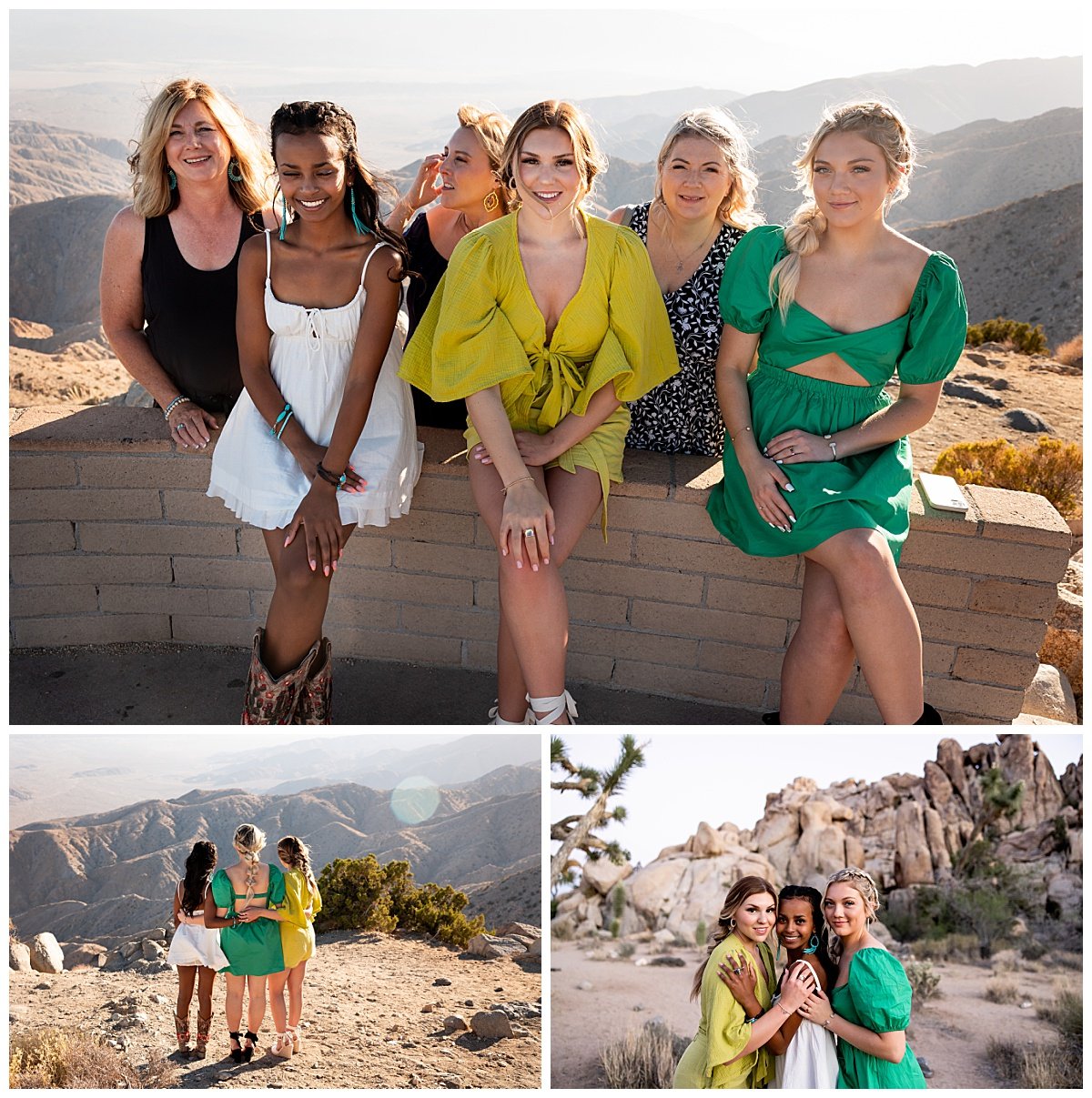 Young women in colorful dresses pose with their mothers overlooking a scenic rock formation in California