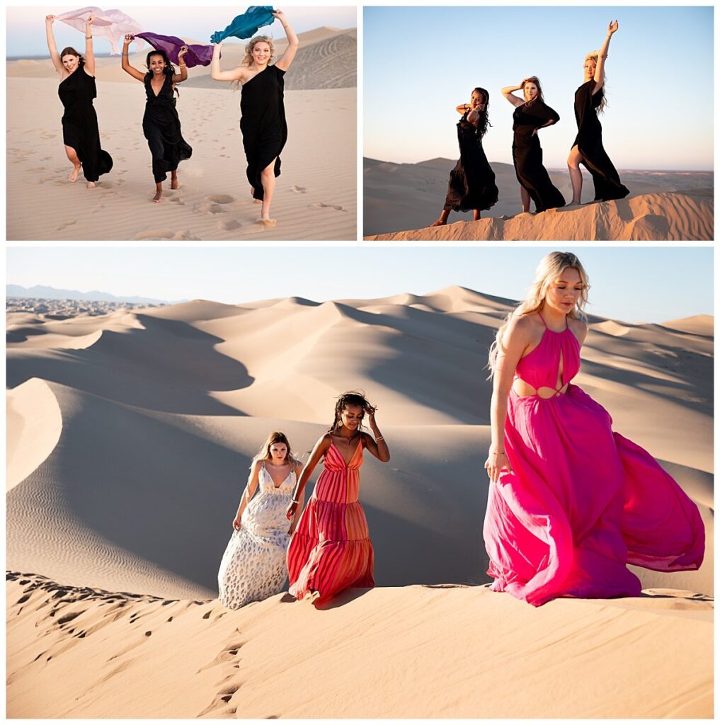 Three images are shown of high school senior girls wearing a combination of black dresses with colorful scarves and colorful, flowy dresses from a senior photoshoot in California at the Glamis Sand Dunes taken by Kellie Rochelle Photography.