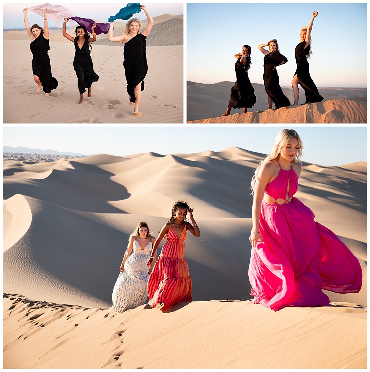 Three young women in floor length, flowing gowns pose with scarfs atop the Glamis Sand Dunes during a California travel photography session with Kellie Rochelle Photography.