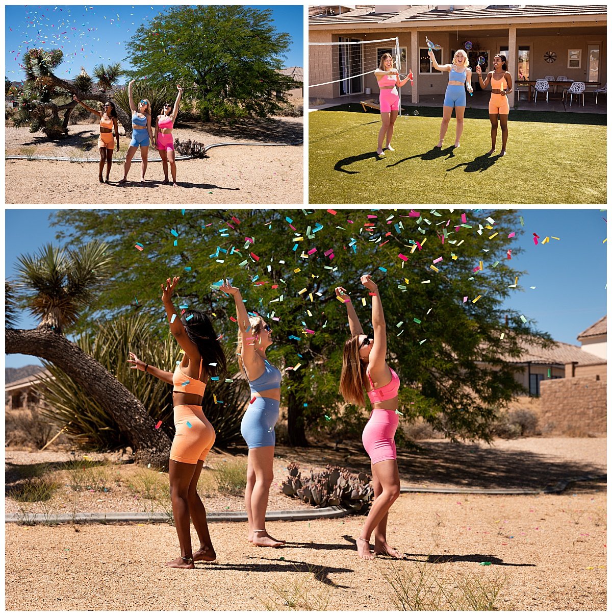 Backyard photo shoot in Joshua Tree California with three girls jumping in confetti.