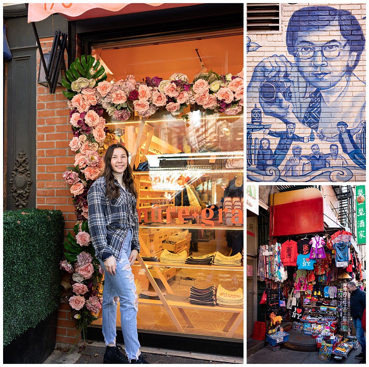 Photos of shops in China Town during a 16th birthday travel session in New York City.