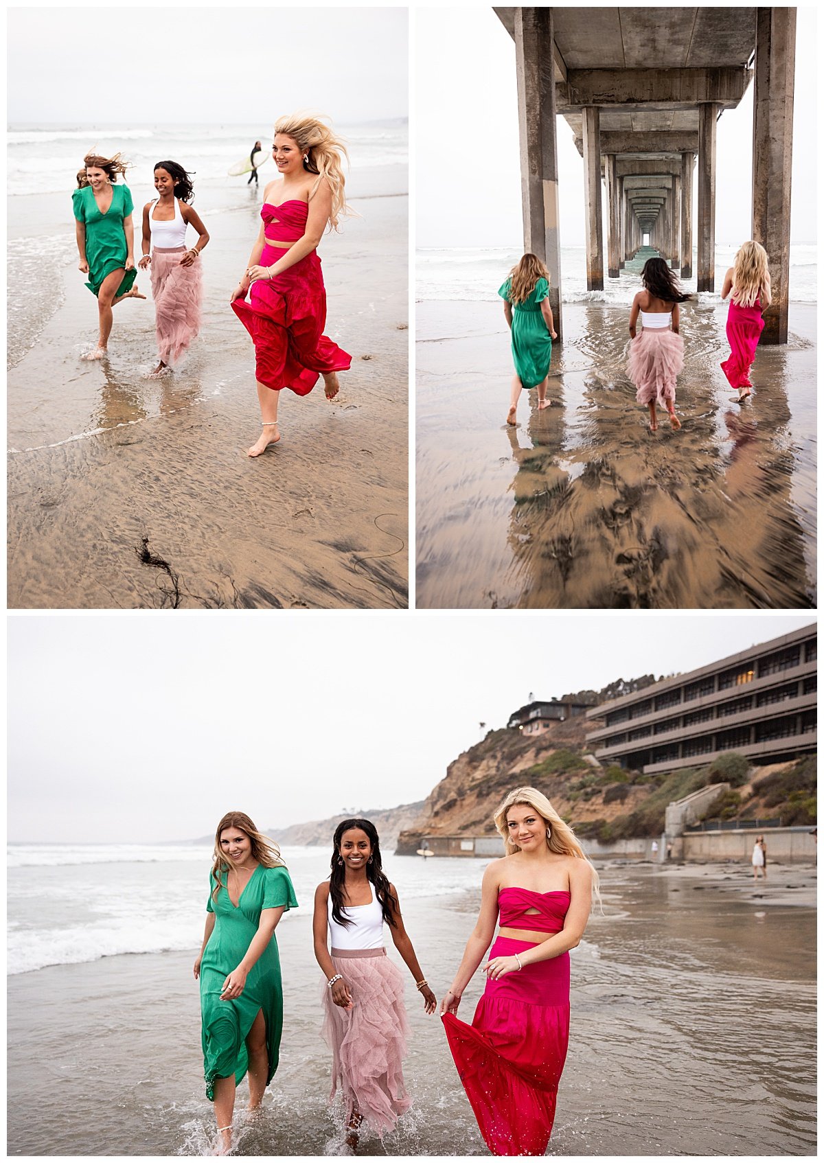 Senior girls run along the tide at a beach in La Jolla California.