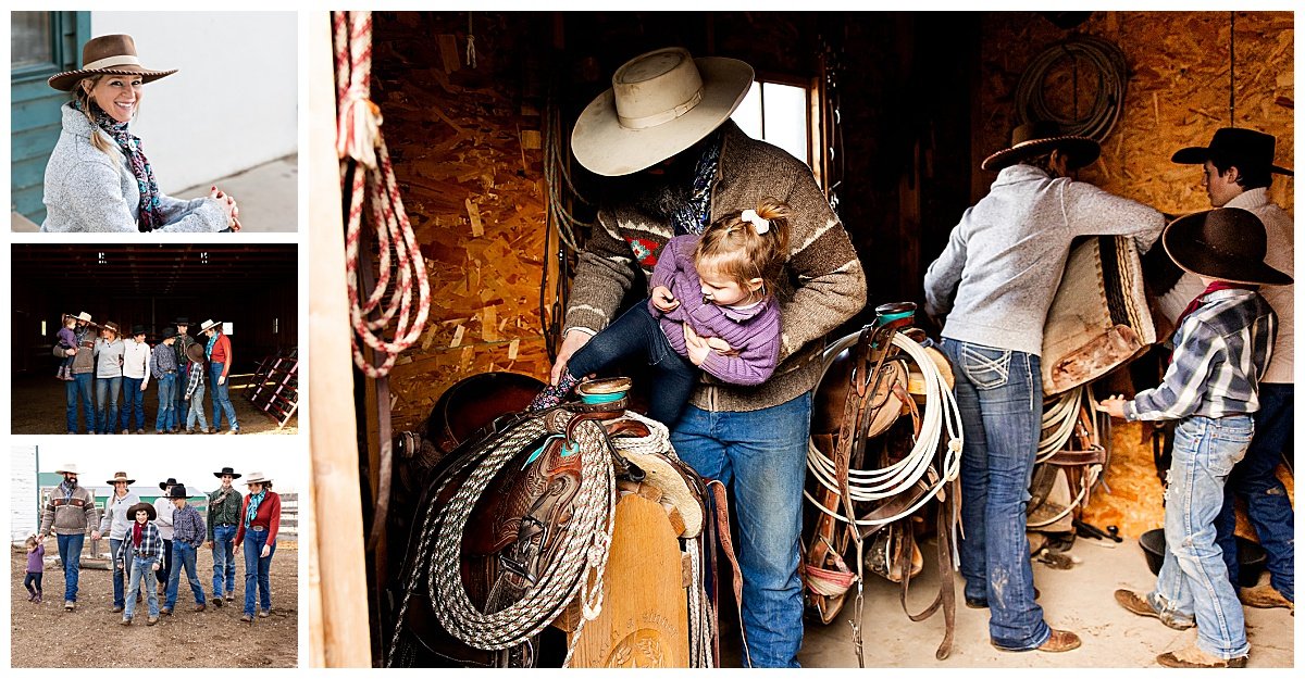 The Hartfeld family gather up saddles before working on the ranch during a lifestyle session with Kellie Rochelle Photography.