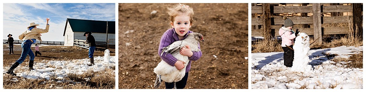Children have a snowball fight and build a snowman in the midst of daily ranch chores during a lifestyle session for Farm & Ranch Living Magazine taken by Kellie Rochelle Photography.