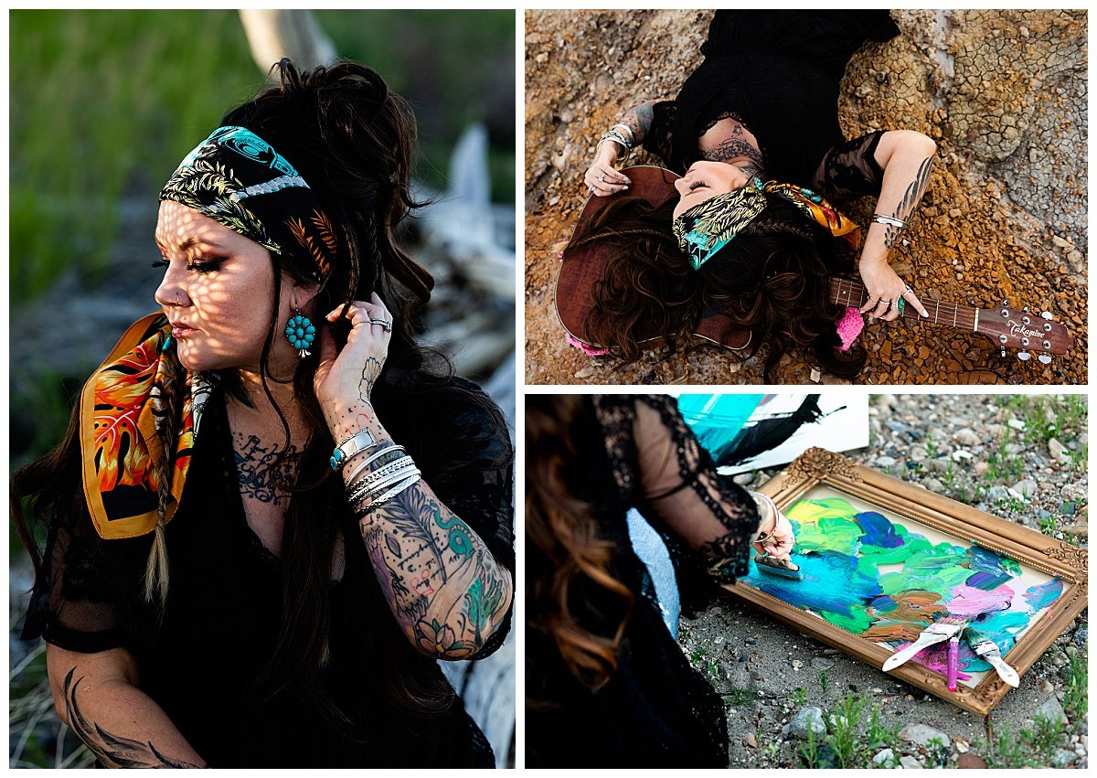 A collage of photos from a branding session in North Dakota depict a dark-haired artist donning tattoos and a colorful hair scarf as she paints.