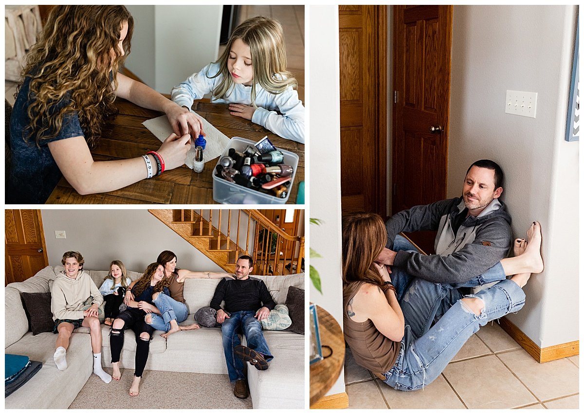 Candid photos of a family of five during an photo session in their North Dakota home with Kellie Rochelle Photography.