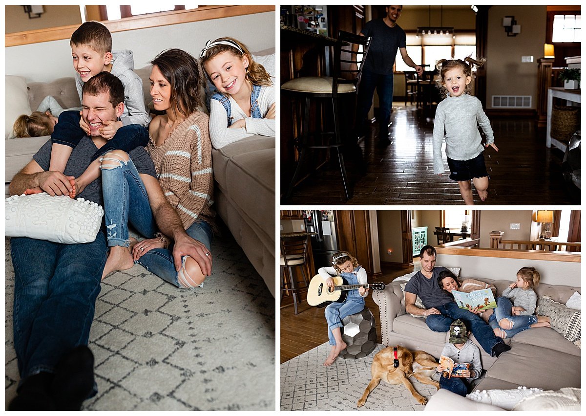 A North Dakota family hangs out in their living room with their children and Golden Retriever during an in-home family session with Kellie Rochelle Photography.