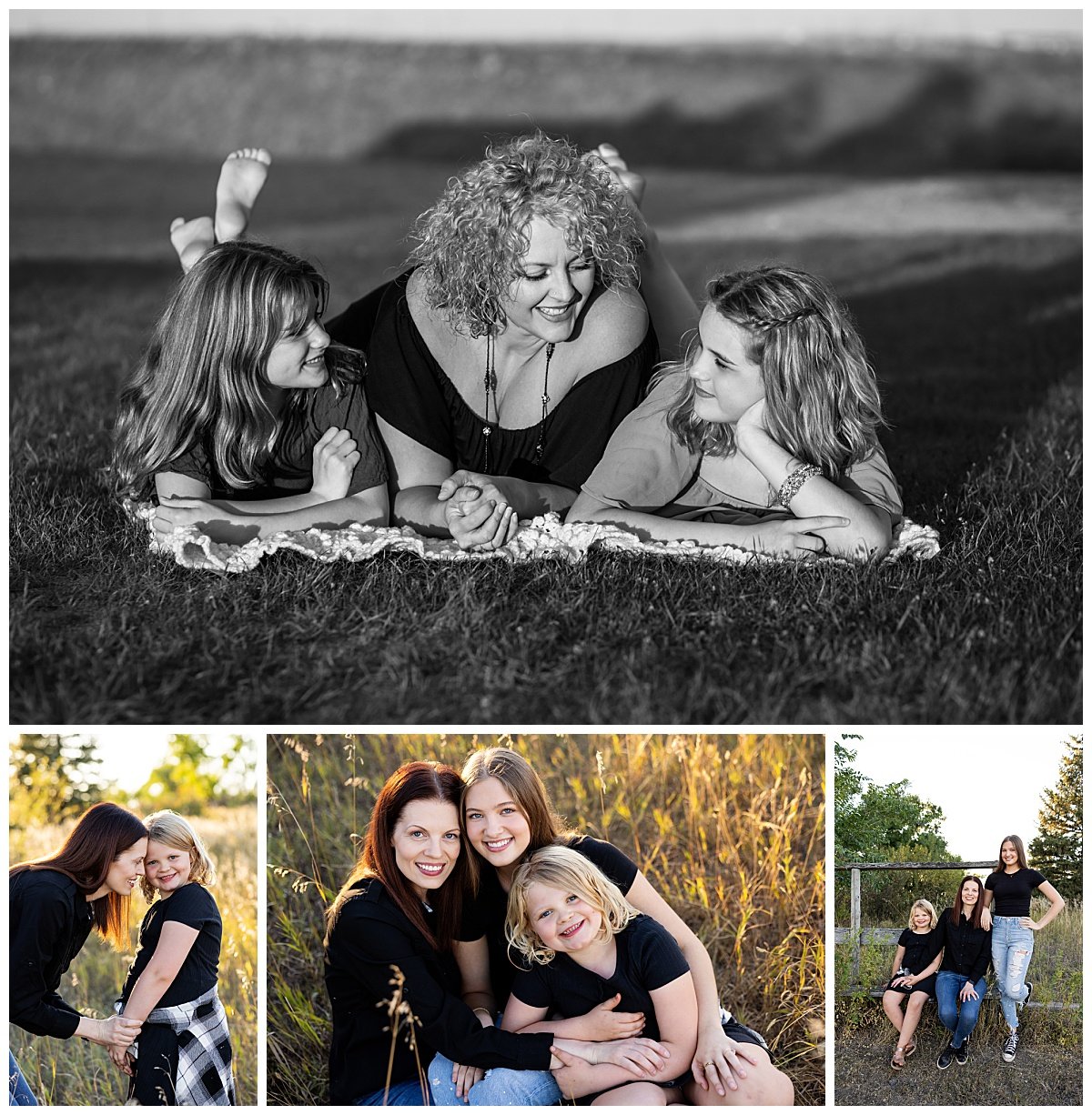 A black and white photo of a mother lying on a blanket in the grass with her two young daughters sets at the top of a collage of photos of a brunette mother with her teen and younger daughter, all wearing black.