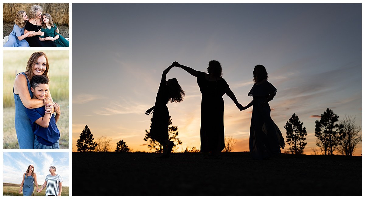 A sunset silhouette photo of a mother and her daughters holding hands & dancing in the evening.
