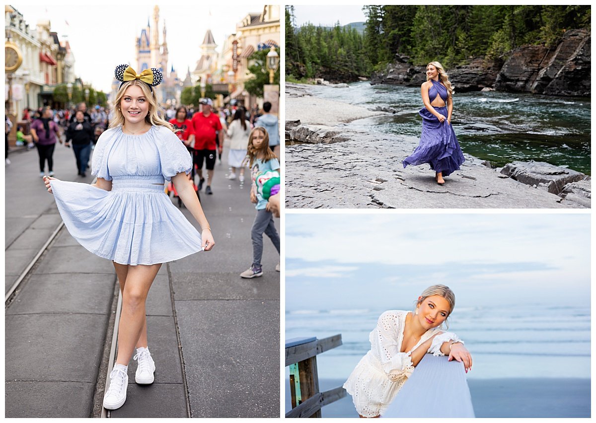 Photos from travel senior sessions show a blonde young woman poses in  a blue two piece outfit and Minnie ears during a trip to Disney World to celebrate her upcoming graduation before Magic Kingdom.