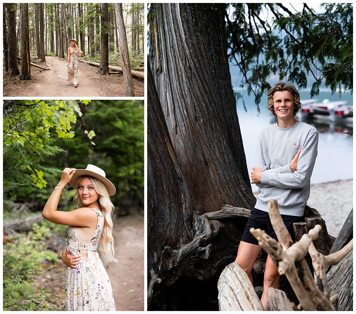 Two photos depict a young blonde woman wearing a tan hat and a long, floral dress walking amongst the tall pines of Montana, while a third photo shows a young man wearing a gray sweatshirt leaning against a tree before Lake McDonald.