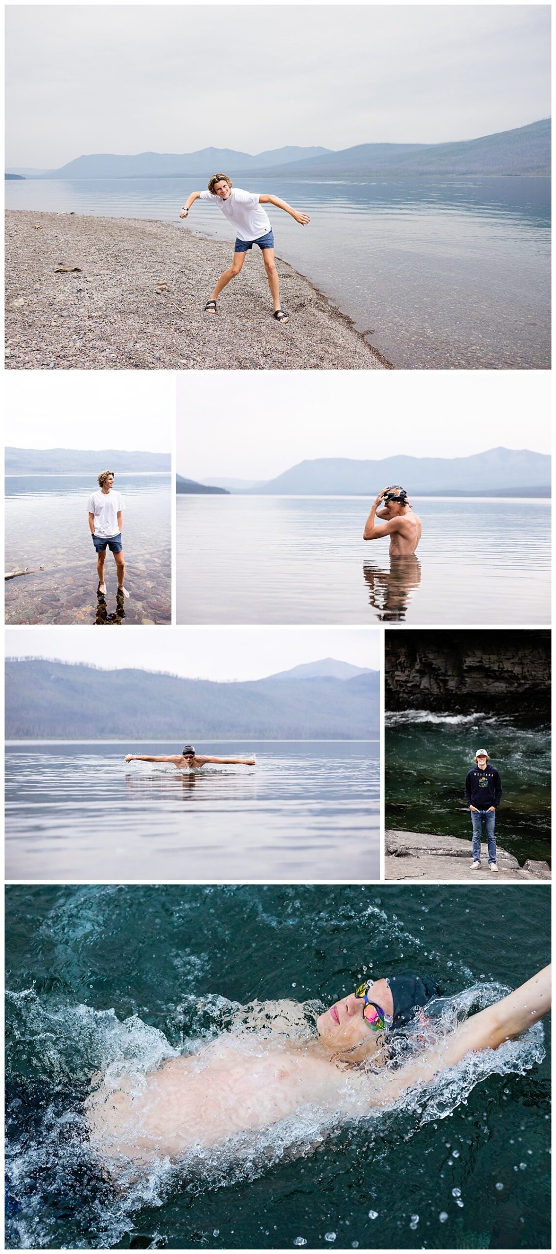 A young man skips rocks across Lake McDonald in Glacier National Park before donning his swim gear and swimming laps for senior photos.