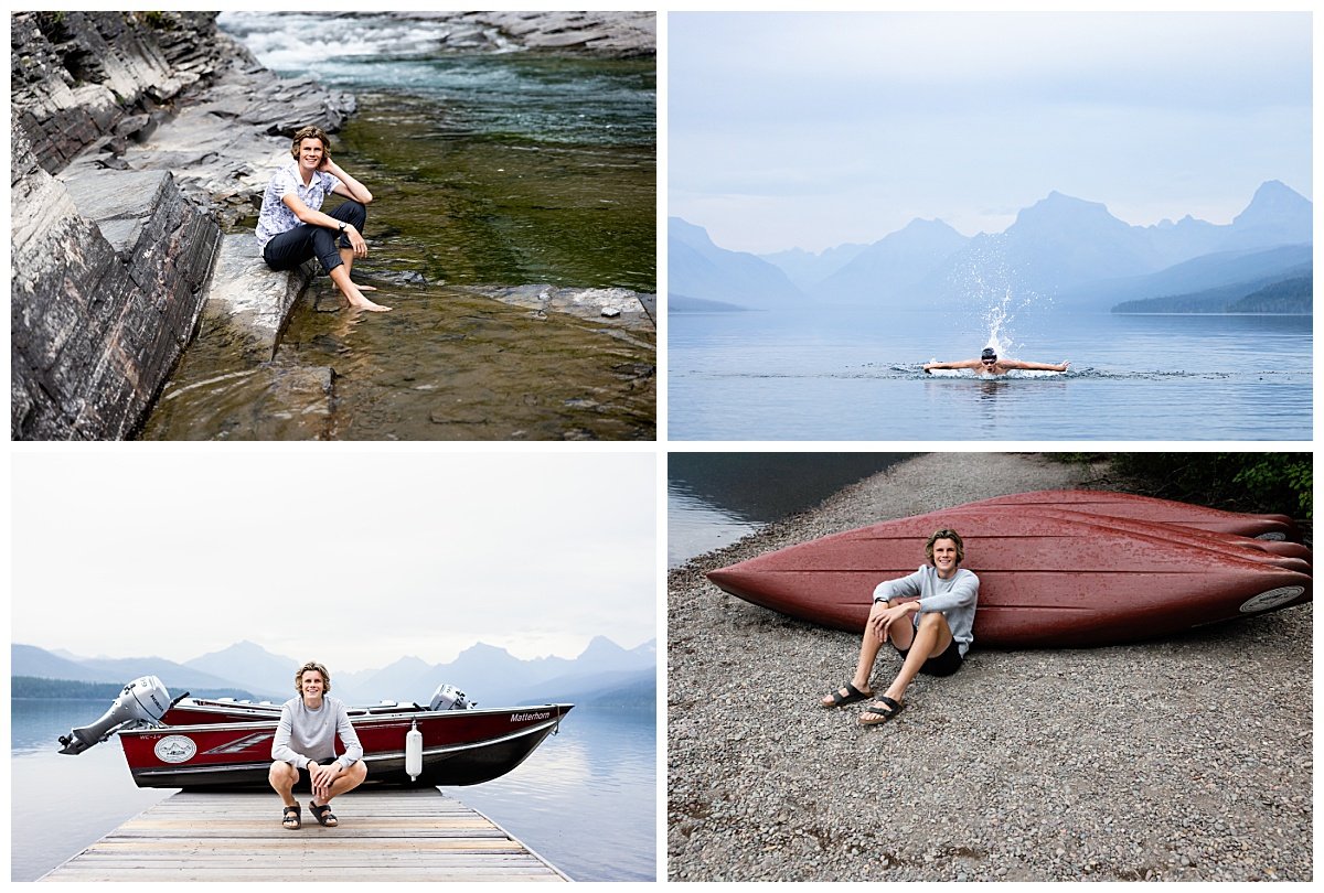 A collage of four senior photos including the same young man in Glacier National Park including swimming Lake McDonald and posing near unused kayaks and a speed boat.