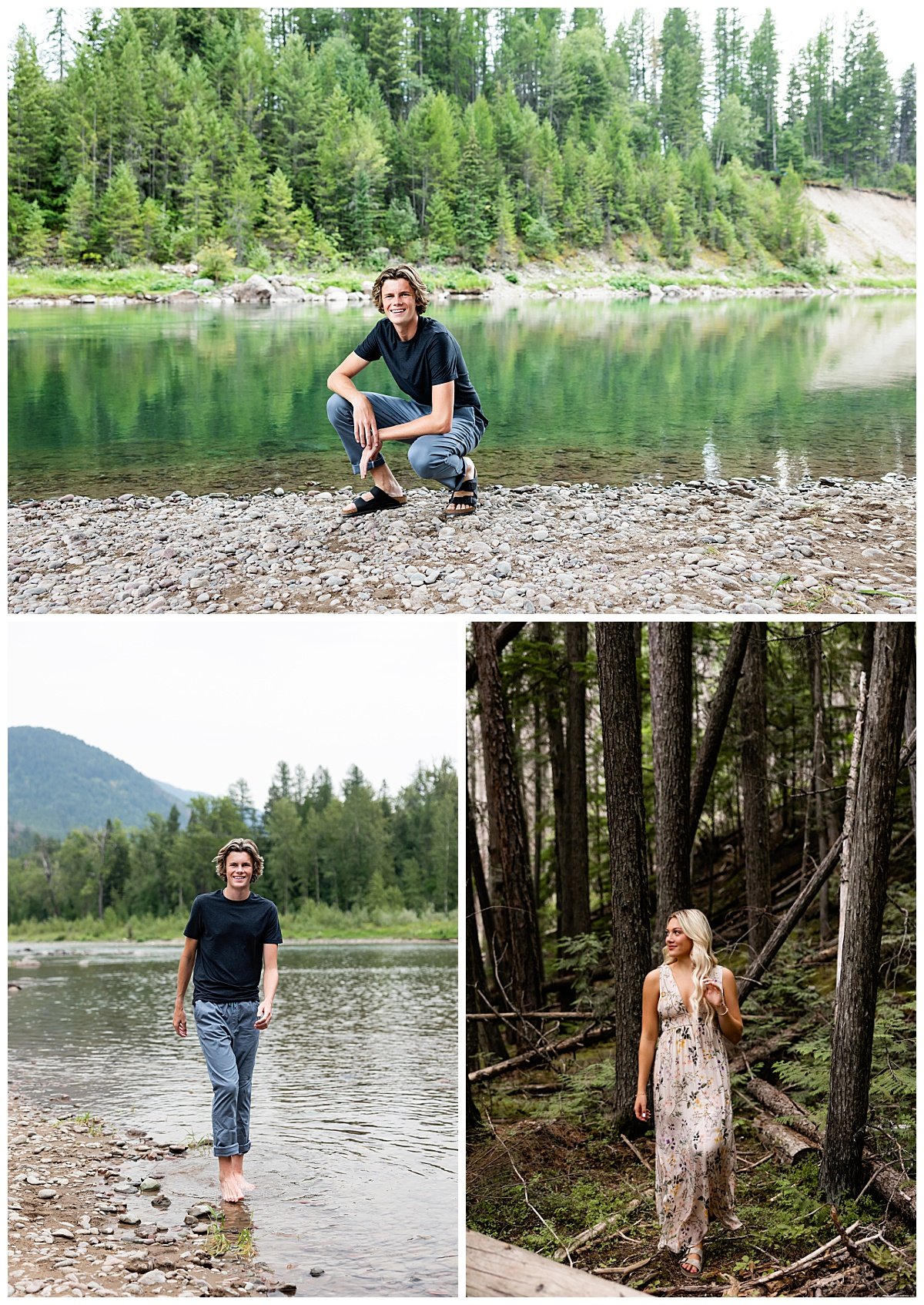 Two high school seniors pose near the trees and waters of Glacier National Park.