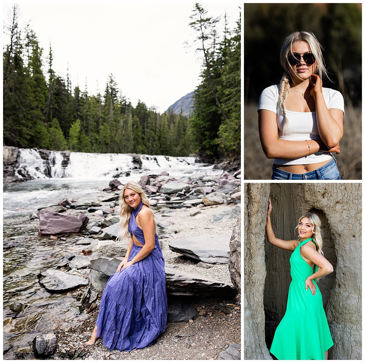 A young woman in a flowing, purple gown is seated on rocks net to a flowing river in Glacier National Park in Montana during one of many travel senior sessions.