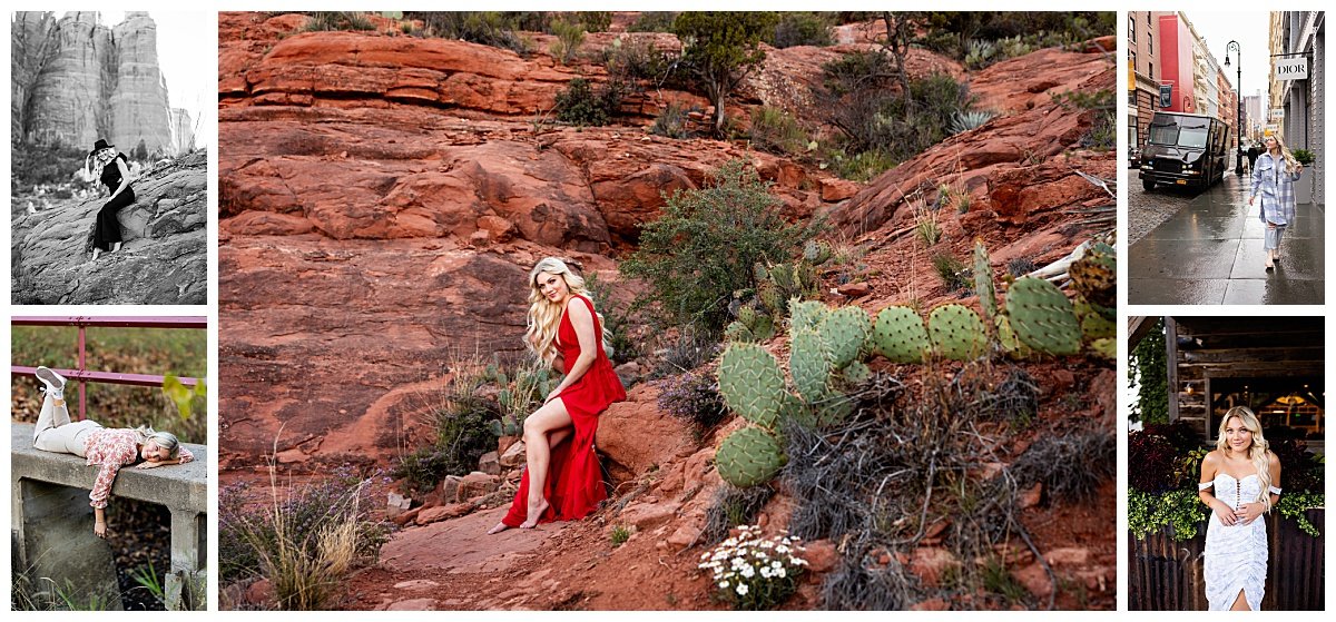 A collage of photos of a senior at various locations including Cathedral Rock in Arizona while wearing a flowing, red gown.