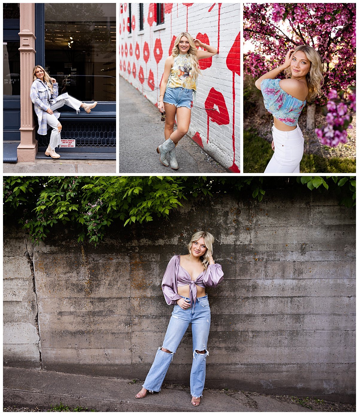 Propped against a brick wall painted white with red lips, a young woman wearing cowboy boots, cut off jeans, and a tank top poses in Nashville, TN during a senior photo session.