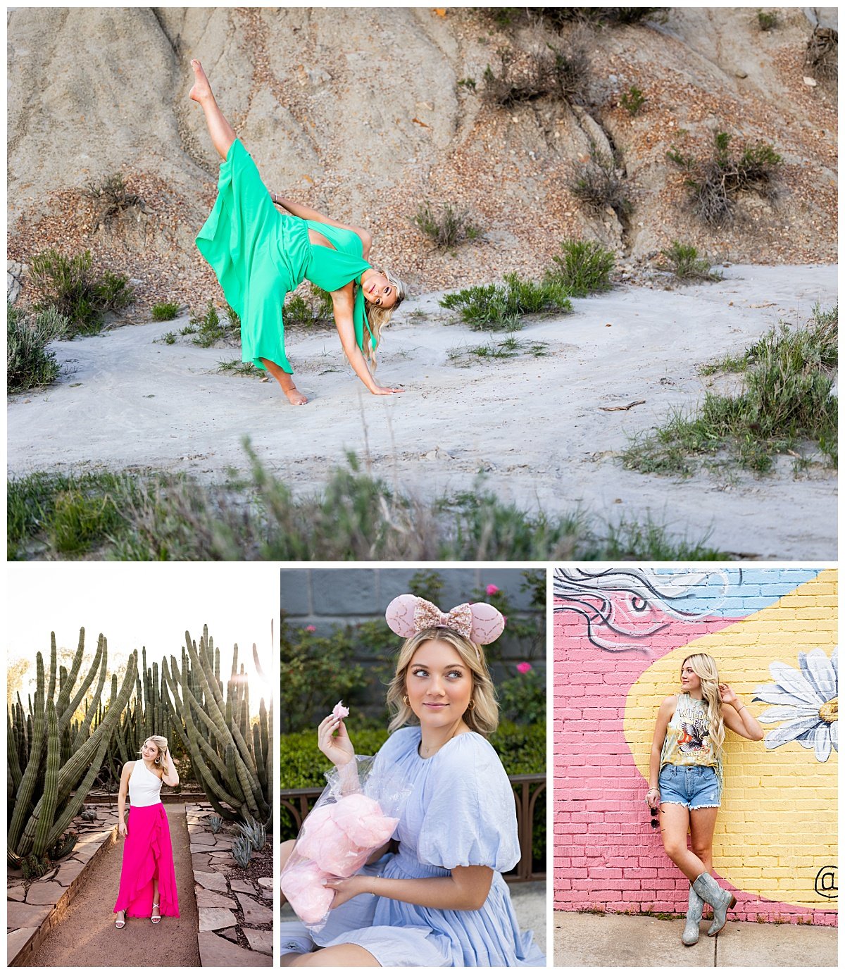 A collage of photos depicts multiple travel senior sessions showcasing a blonde young woman on trips with her mother to celebrate senior year ranging from Arizona to Tennessee.