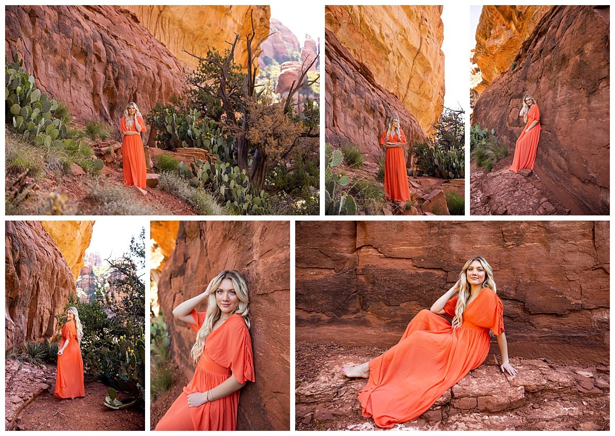 A collage of six photos taken by North Dakota based lifestyle & senior photographer, Kellie Rochelle Photography, displays a young woman in a flowing dress posing along the Fay Canyon trail in Arizona amongst the red rocks and cacti.