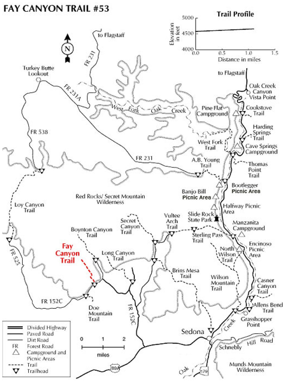 A map of the Fay Canyon trail in Sedona, Arizona.