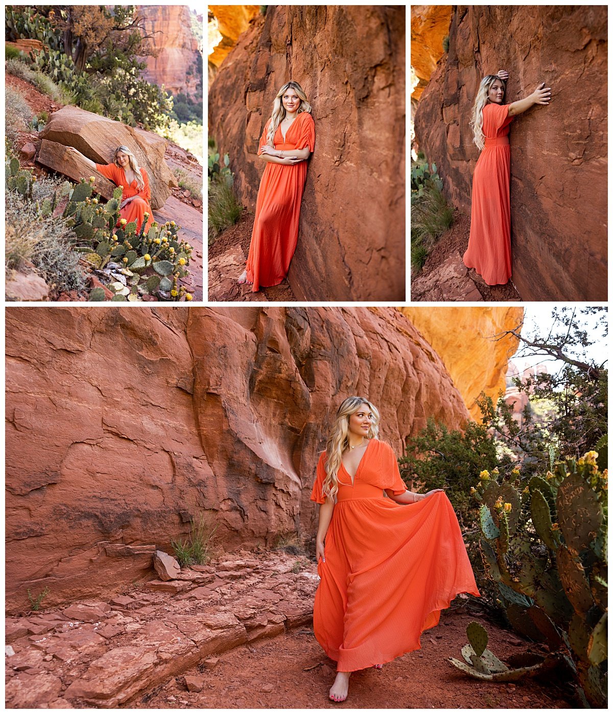 A collage of photos show a young woman in a floor-length orange dress posing along the Fay Canyon Overlook during her travel senior session in Sedona.
