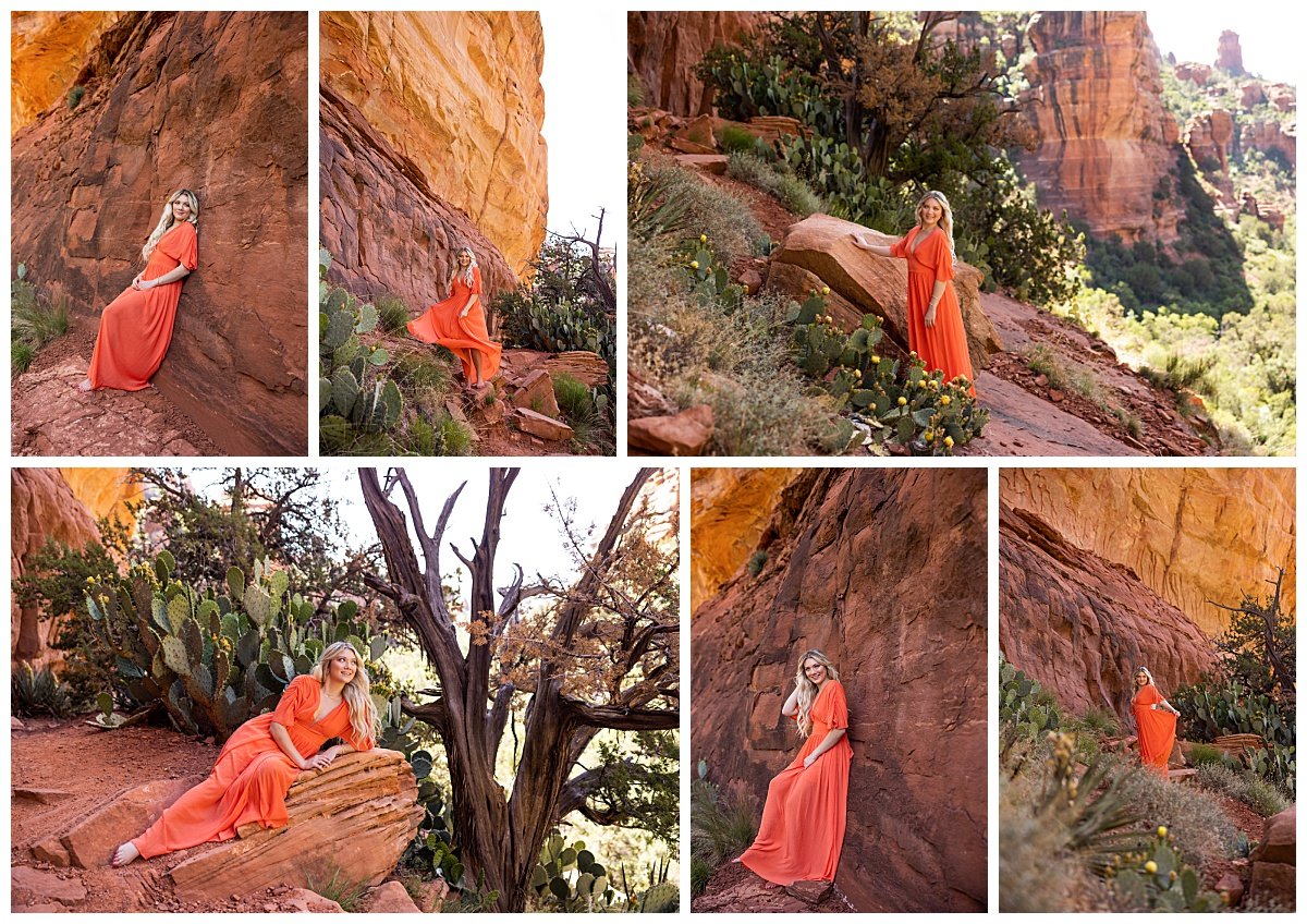 Fay Canyon Overlook is shown in photographs featuring a young woman in a flowing orange dress during a travel photo session with Kellie Rochelle Photography, a ND based family & senior photographer.