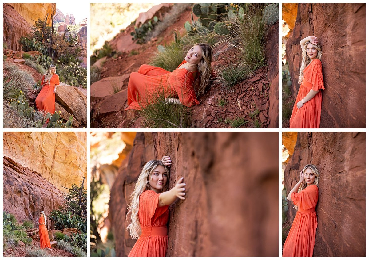 A travel photoshoot at Fay Canyon in Sedona, Arizona, is displayed featuring a recent high school graduate wearing an orange dress along the overlook trail.