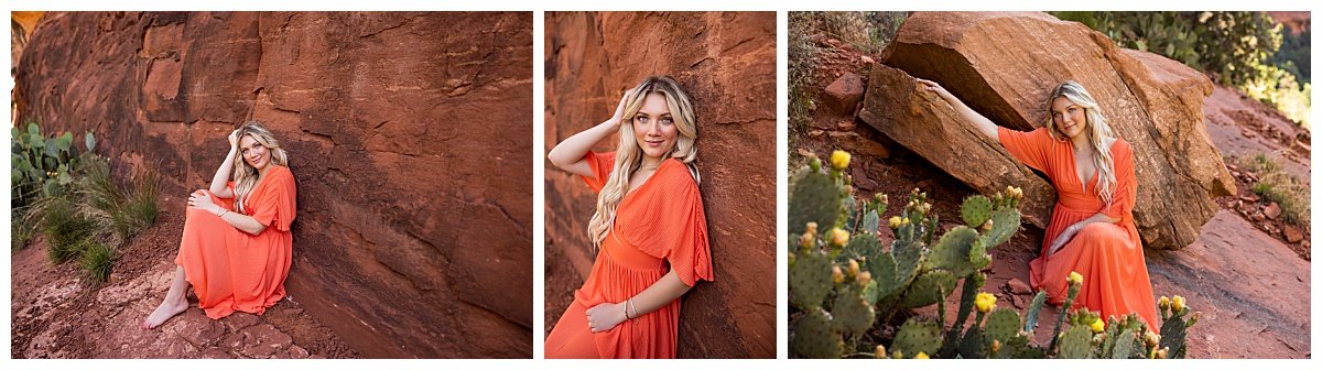 Three photos show a young woman wearing a long, orange dress posing on the rocks along the Fay Canyon trail in Sedona during a travel session to Arizona with North Dakota based lifestyle photographer, Kellie Rochelle Photography.
