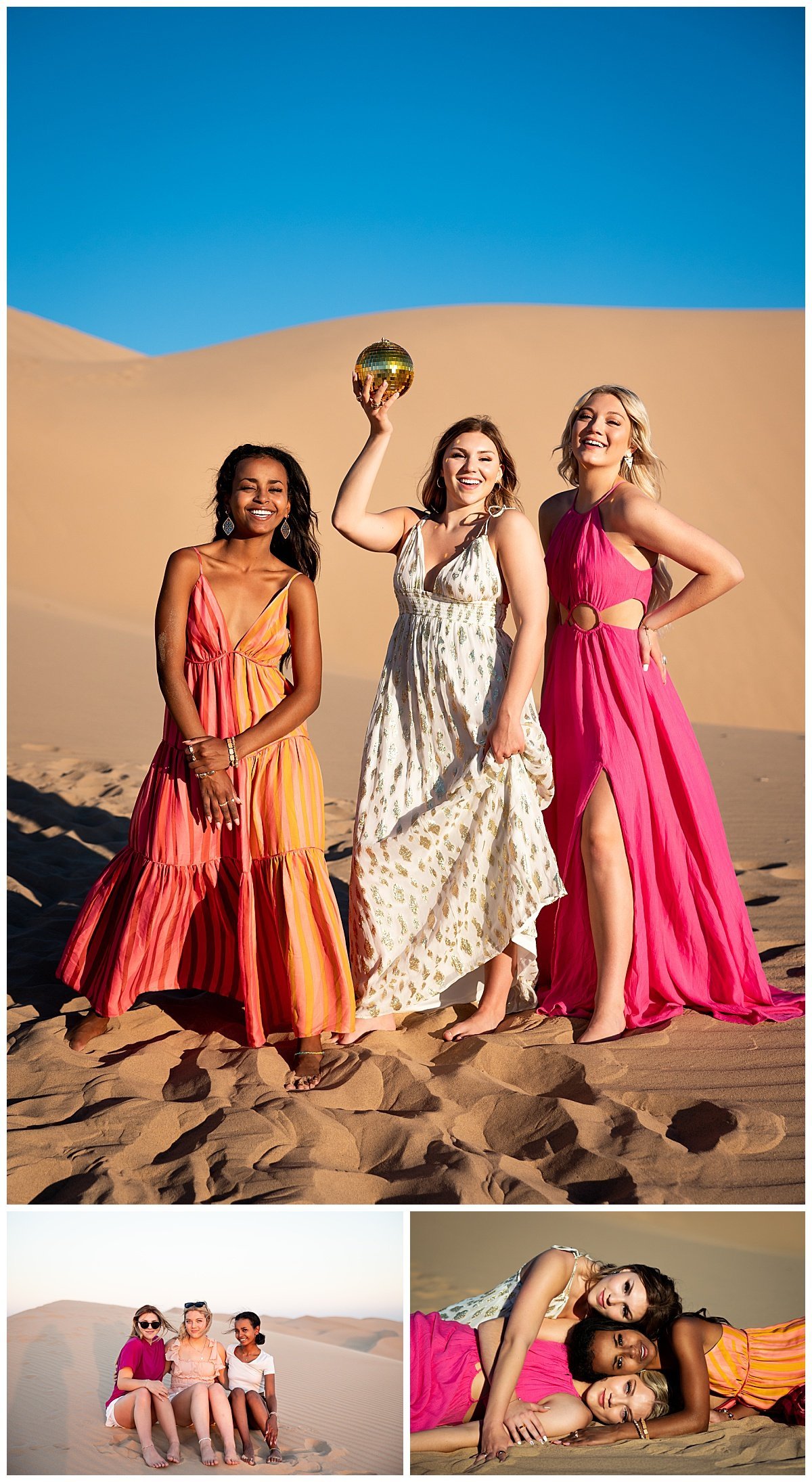 Three high school seniors stand barefoot in the California sand wearing flowing dresses before a deep blue sky during their travel photography session.