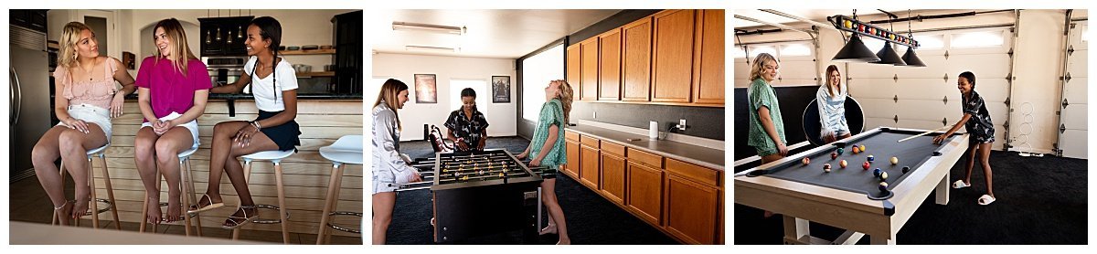 Three senior girls play pool and foosball at their California AirBNB near Joshua Tree during a group travel session.