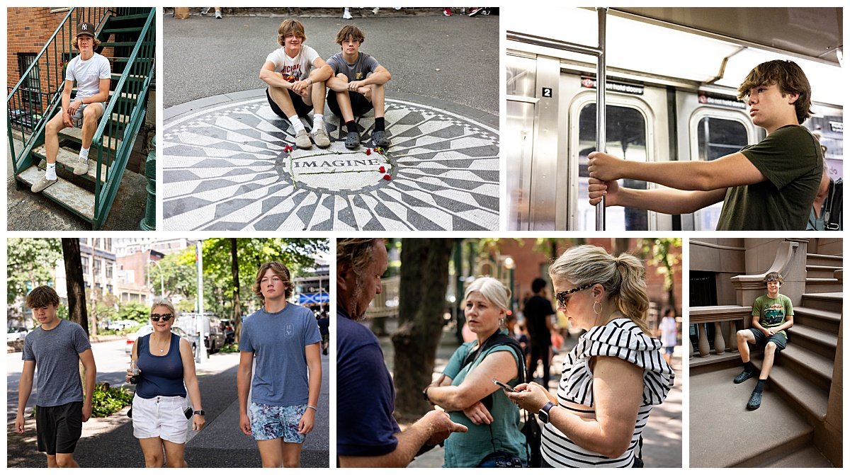 Two teen boys are pictured seated near the John Lennon memorial in NYC along with subway photos and a Real New York tour session.