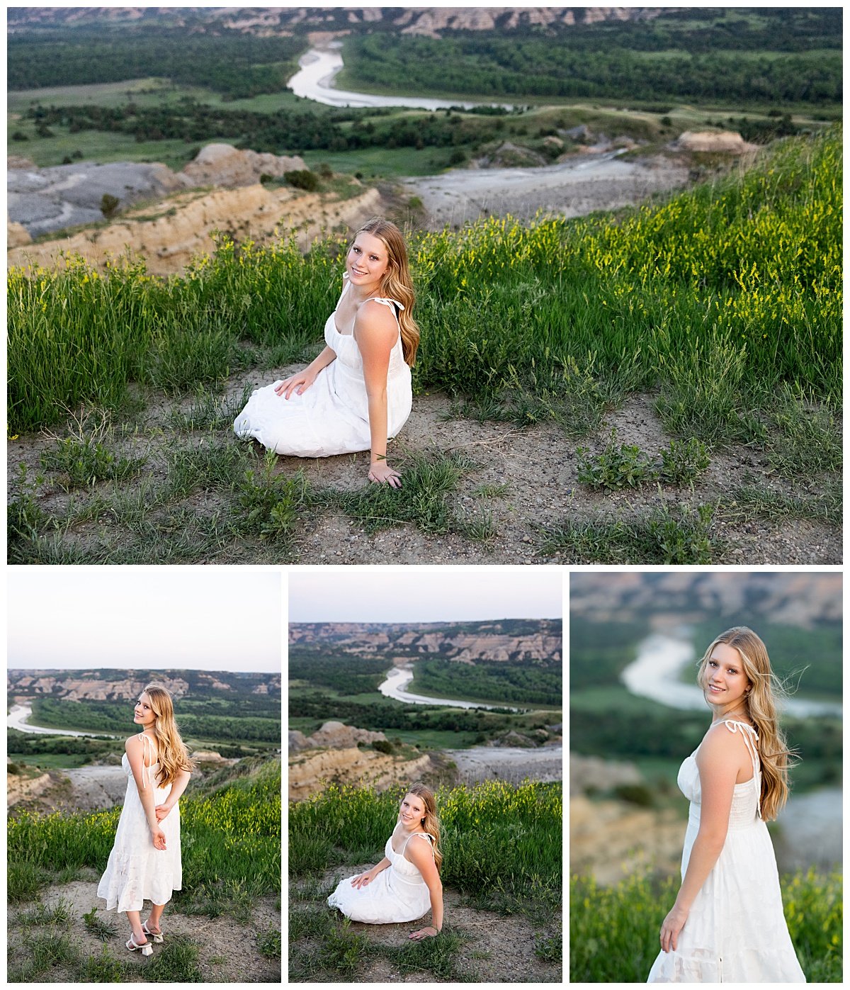 A senior girl is shown in a white dress at golden hour during her senior photoshoot.