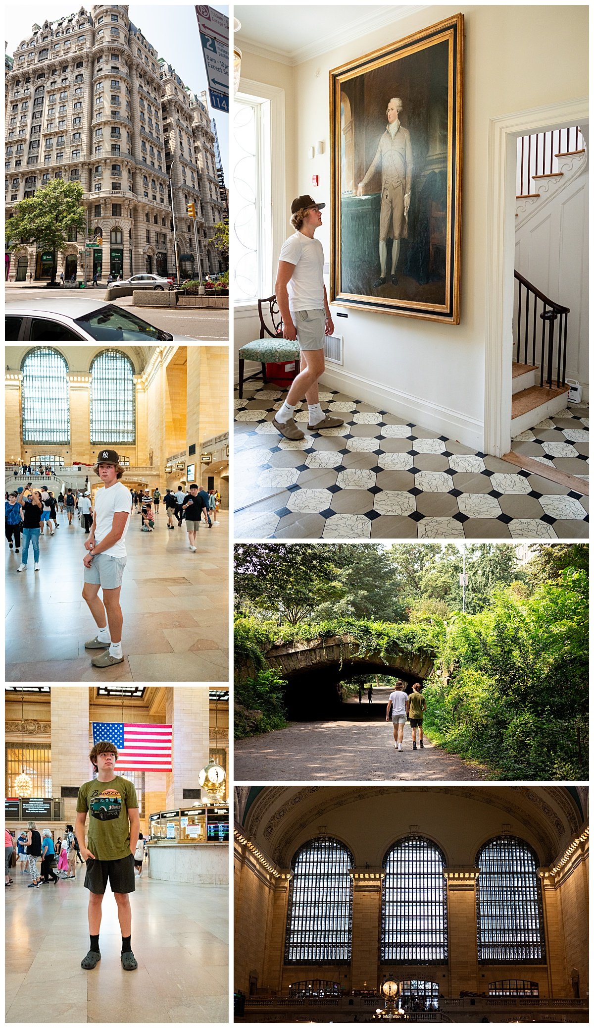 Photos depict two teen boys touring NYC with their North Dakota Photographer mother, exploring downtown architecture and Grand Central Station.